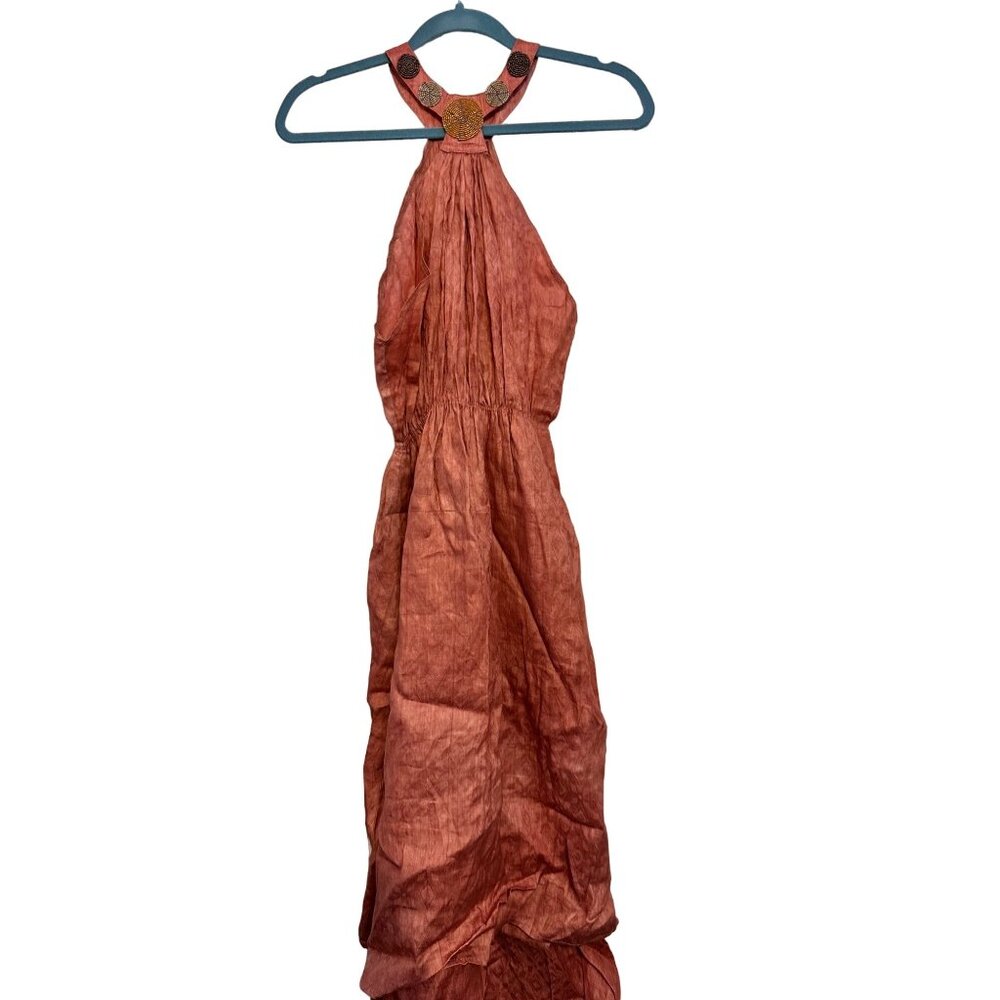 Amani Handicraft Halter Maxi Dress Boho Terracotta Beaded Cotton Size 12